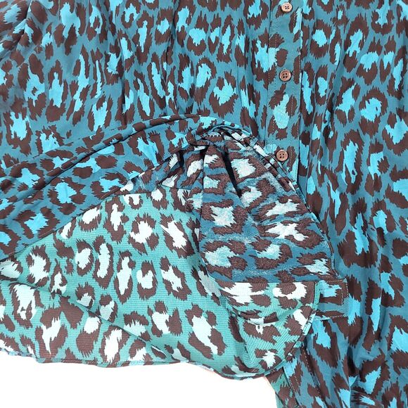 Diane Von Furstenberg Animal Print Dress XL Blue Cheetah Button Up Viscose Tie - Picture 9 of 15